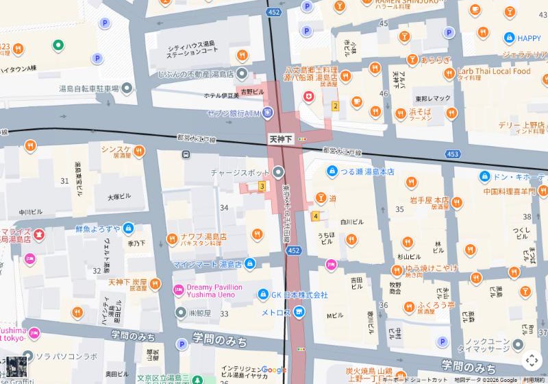 Map of the four shops around Yushima Station